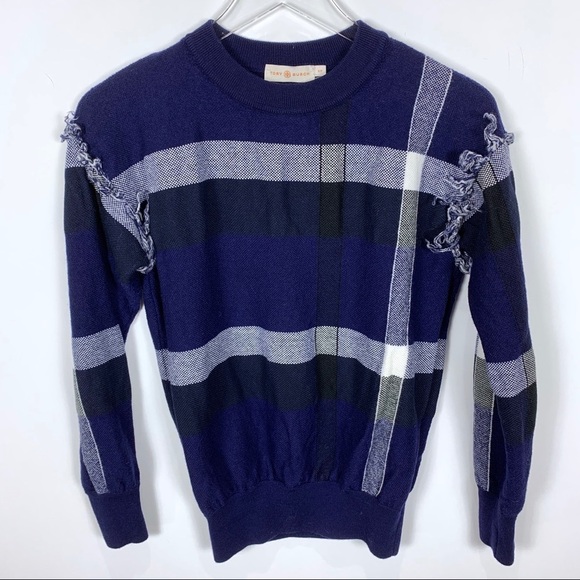 Tory Burch Gwen Plaid fringe wool sweater - Picture 1 of 5